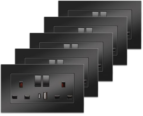5 Pack CNBINGO Double Switched Power Socket with USB Fast Charging Ports | 20W USB Type A and C, 13 Amp Electrical Wall Plug Socket Black