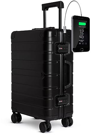 Aluminium Kabinenkoffer schwarz 55x40x20 Black Kyoto USB Leicht Hartschale | Aluminium-Kabinenkoffer in schwarz, leicht und robust; moderner Reisekoffer mit USB, 4 Doppelrollen 360° und TSA