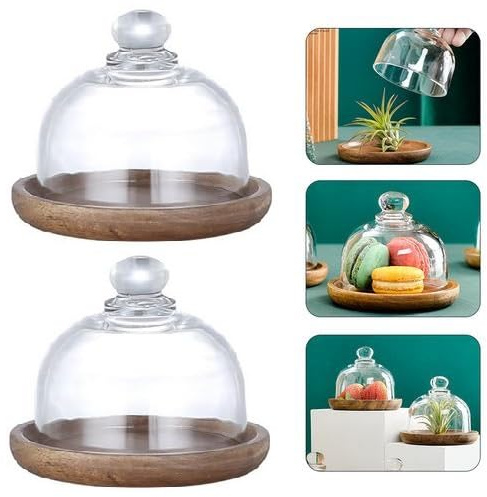 2Pcs Cake Display Tray, Cake Stand with Cover, Mini Cake Stand Glass Display Dome Cloche Clear Glass Bell Jar Cover for Dessert Cheese Candy Plants Succulents