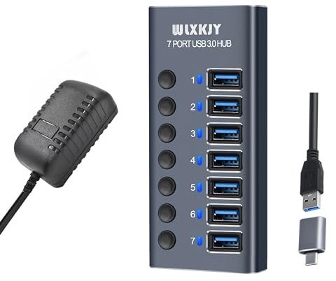 Maximize Your USB Potential with the WLXKJY USB 3.0 Hub - 7 Port Aluminum Hub for Effortless Data Transfer, Easy Device Expansion, and Individual Switches for Added Convenienc