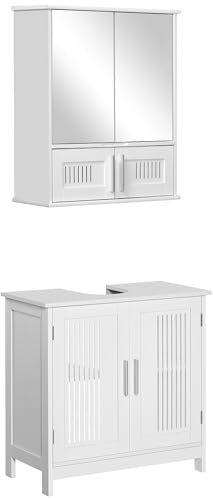 kleankin Meuble sous lavabo + Armoire Murale de Salle de Bain avec Miroir - Meuble sous-Vasque et Armoire à Glace avec étagère réglable poignées Alliage Aluminium - Verre MDF Blanc