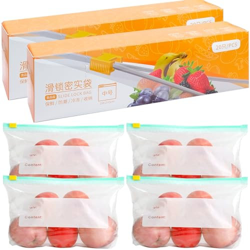 40 Pcs Sacchetti per Congelatore per Alimenti, Sacchetti Riutilizzabili con Cerniera, Sacchetti con Chiusura a Zip e Cursore,Sacchetti per Alimenti Senza BPA, Sacchetti per Congelatore Marcati, Medi