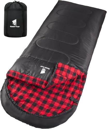 GEERTOP Sacco a pelo XXL, 4 stagioni, in flanella, da campeggio, taglie forti, 220 x 100 cm, per adulti, attività all'aperto, zaino in spalla, escursionismo (nero con quadri rossi)