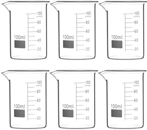 QWORK Sturdy Glass Beaker 100ml, Griffin Low Form, 6 Pcs, 3.3 Borosilicate Glass with Printed Graduation and Extra Large Marking Spot