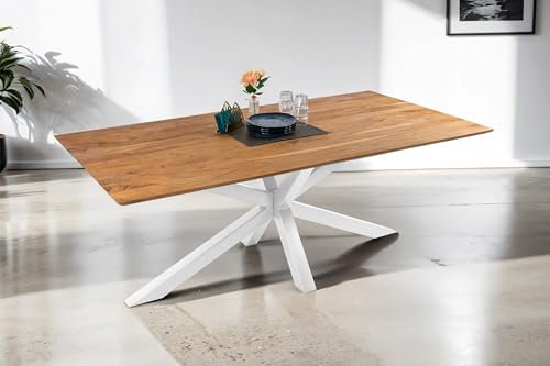 SAM Esstisch 180 x 90 cm Dean, Massivholztisch Eiche, Schweizer Kante, Esszimmertisch mit Spider-Gestell aus Metall Weiß, pflegeleichter Holztisch