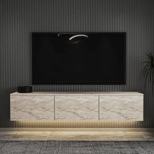 Hanah Home Stylish TV Stand with Wall-Mount Option, Travertine Marble Finish, 160 cm x 35 cm x 32 cm | 100% Melamine Coated, 18 mm Thick | Multiple Shelves for Modern Living Rooms