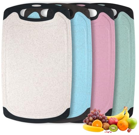 FHISKUNYU Schneidebrett Set 4 Stück, Schneidebrett Kunststoff Spülmaschinenfest mit Saftrille, BPA-Frei, Rutschfeste Schneidbretter Küche, 35x21 cm (Rosa, Grün, Blau, Beige)