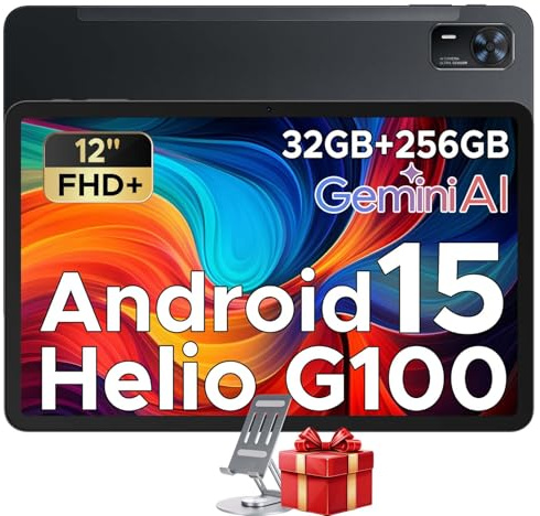 DOOGEE Tab E3+ Tablet 12 Pollici Helio G100, Android 15 Gaming Tablet Con Sim 2.4K 7.5mm, 32GB+256GB, 8800mAh 18W OTG 4G LTE, Dual Card Slots WiFi 2.4G/5G, 13MP+5MP, 90Hz Quattro Altoparlanti, Nero