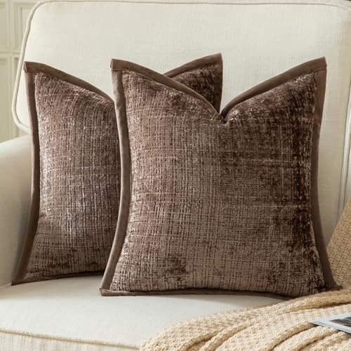 Yaertun 2er Set Kissenbezug Braun 45x45cm Chenille Kissenbezüge Kissenhülle Dekokissenbezug sofakissen dekokissen deko Samtrückseite für Sofa Schlafzimmer Wohnzimmer Weiche Gemütliche