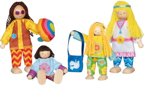 goki 51442 – Biegepuppen Hippiefamilie „Love & Harmony“ – 4-teiliges Puppenfamilien-Set mit Eltern und Kindern für Puppenhaus und Rollenspiel