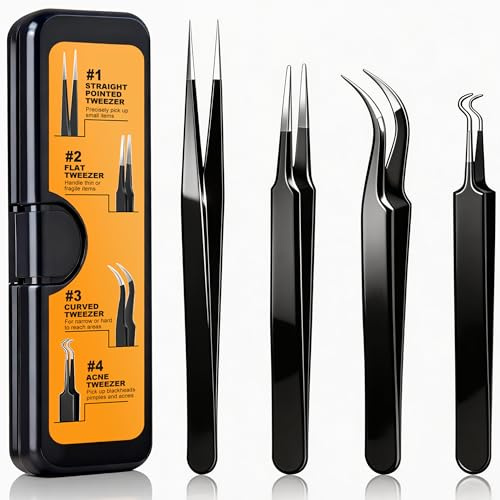 G.CATACC 4-Pack Precision Tweezers Set, Curved and Pointed Tweezer Kit for Craft, Eyelash Extension, Blackheads, Facial Hair, Ingrown Hair Removal, Electronics, Soldering, Jewelry - with Case