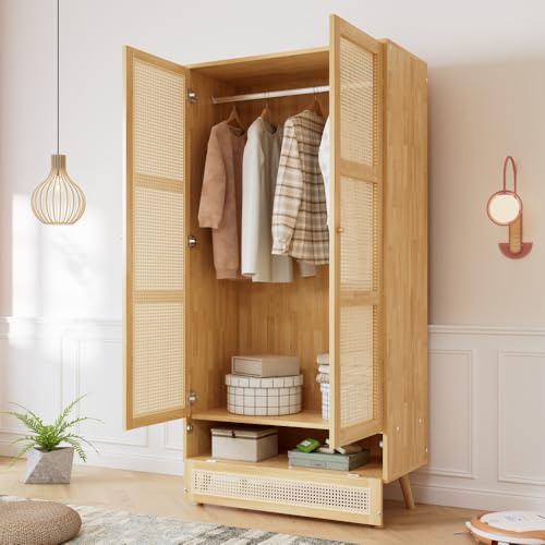 Chronetix Kleiderschrank mit Stange 2-türig mit Rattannetz Flip-Top Fach Natur Holzoptik Schlafzimmer Wohnzimmer Stauraum aus Spanplatte und PE-Rattan (Natural + Wood-2)
