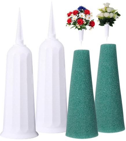 2pcs Cemetery Vase with Ground Stake and Foam Inserts, Plant Flowers Holder for Keeping Bouquets in Place, Elegant Grave Decorations for Cemetery, Grave Flower Holders (COLOR:White)