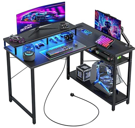 CubiCubi L-förmiger Schreibtisch, 105x80cm Gaming Tisch mit LED & Steckdosen, Wendbarer Eckschreibtisch, Computertisch mit Monitorständer für Home Office, Spielen, Studium, Schwarz