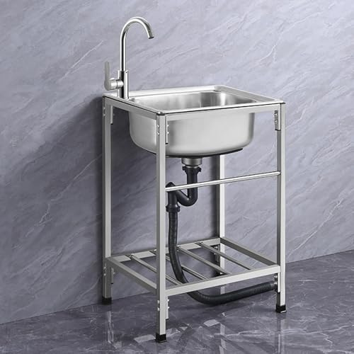 Lavello da cucina in acciaio inox a vasca singola, lavello di servizio con rubinetto per acqua calda e fredda e ripiani portaoggetti, stazione lavamani in acciaio inox commerciale, per ristorante, b