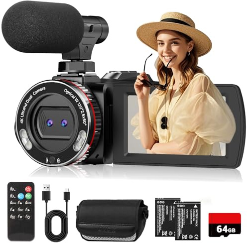 4K UHD 60FPS 64MP Dual Lens Camcorder, Video Camera for YouTube TikTok Vlogging, 3 IPS Screen with External Mic & Remote Control, Portable Digital Recorder for Family Travel & Mother's Day Present