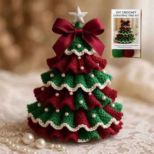 YUSHWENPTY DIY Häkel Weihnachtsbaum Set, Gehäkelter Weihnachtsbaum, Handgefertigter Weihnachts Häkelset, Häkelset für Anfänger mit Haken Perlen für Weihnachtsgeschenke, Basteln, Partydekoration (A)