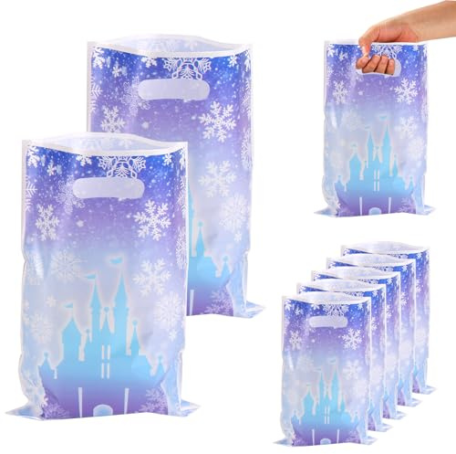 50stk Schneeflocken Partytüten, 25x16,8cm Cartoon-Thema Plastik Geschenktüten mit Schneeflocken und Schloss Muster für Themen-Geburtstagsdekorationen Partyzubehör