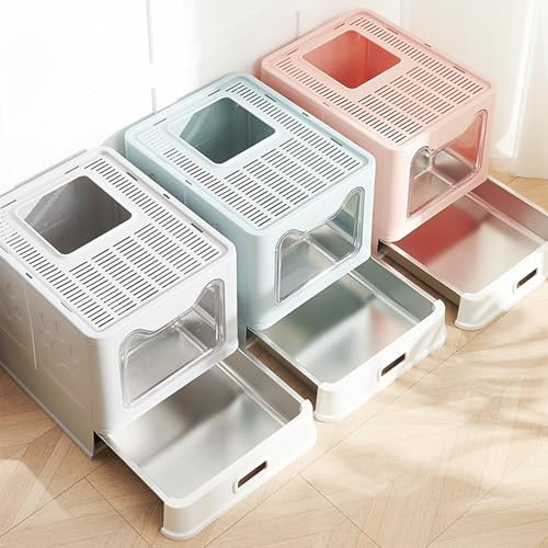 OHMG Bac à Litière pour Chat, Fermé, Maison de Toilette en Acier Inoxydable, Plateau Amovible, Pelle, pour Grand Chat, Capacité de Charge 15 kg, Anti-Traces, Anti-fuites