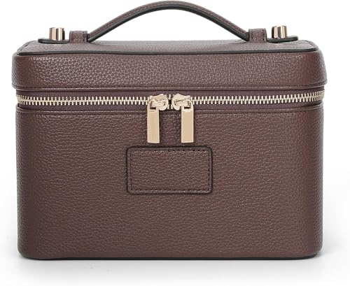 Starnearby Trousse de Maquillage en Cuir Femme, Trousse de Toilette Voyage avec Compartiments Amovibles, Pochette Rangement Maquillage Portable, Trousse Cosmétique Femme (Café)