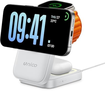 Unico Caricatore Wireless 3 in 1 per iPhone 15W Compatibile con Mag-safe,Stazione Ricarica per Apple Wireless Charger Rapida per iPhone 17/16/15/14/13/12 （Adattatore non incluso）