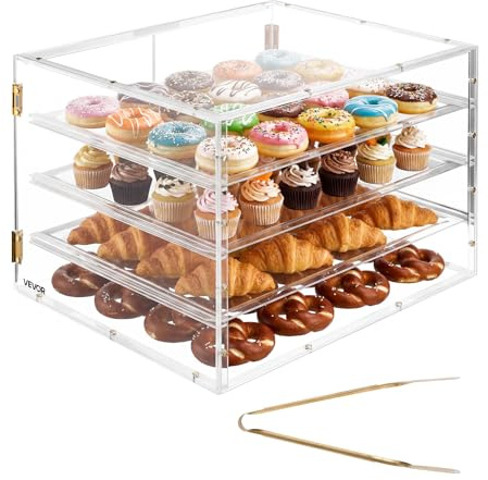 VEVOR Bakery Display Case, 4-Tier Commercial Countertop Pastry Display Case, Clear Acrylic Bread Box for Kitchen, Party Cake Cabinet with Magnetic Rear Door for Cookie Dessert Donut, 22.4x17.3x15.9