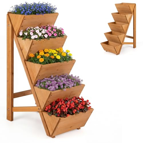 HOMASIS 5/8 stufiges Hochbeet Holz, Gartenbeet Vertikalbeet mit V-Pflanzkästen & stabilen dreieckigen Stützen, Pflanztreppe, Blumentreppe, Kräuterbeet für Terrasse, Balkon & Garten (5 Ebenen,Orange)