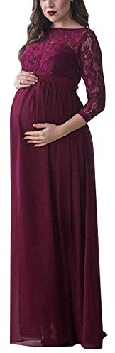 Loalirando Vestido largo de maternidad para mujer, con encaje y manga 3/4, elegante, vestido de embarazo, vintage, floral, para fotografía