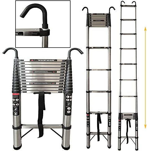 5M Heavy Duty Telescopic Ladders with Hooks, Multi-Purpose Folding Ladder, 12 Steps Stainless Steel Telescoping Extension Ladders for Indoor Outdoor Roof Work Decoration, Max Load 330Lb