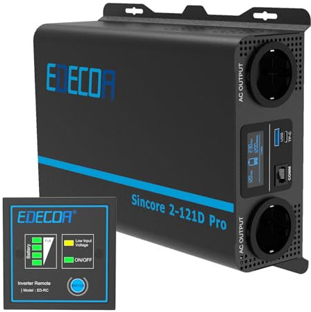 EDECOA Wechselrichter 1200w Reiner Sinus Spannungswandler 12v 230v LCD 2X USB und Fernbedienung wandler 1200w und kurzfristige Spitze 3000w Inverter