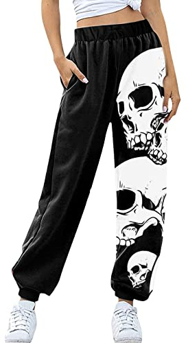 Damen-Jogginghose mit Totenkopf-Aufdruck, weites Bein, Jogginghose für Damen, modisch, lässig, Retro-Sporthose, Trainingsanzug, elastische Taille, lockere Sportbekleidung, Gothic-Stil, Longewear,