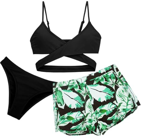 Panegy 3 Pezzi Ragazze Costume da Bagno Fresco Top Canotta con Fondo Bikini Carino Ogni Costume da Bagno Outfit Tankini Bambini Costume da Bagno Verde 14-15 Anni