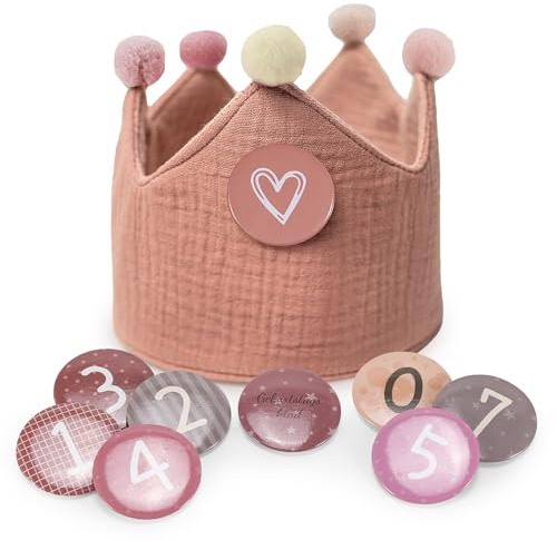 Qetlavee Geburtstagskrone Musselin mit Zahlen Hellrosa krone geburtstag Jungen Mädchen Kinder Partyhüte Deko Kindergeburtstag deko für den Kindergeburtstag Krone aus Button Zahlen von 0-9,Hellrosa