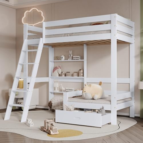 YESGIGA Etagenbett mit Regalen und Sofa, Holzbett mit Einer Schublade, Kinderbett mit fünfstufiger Schrägleiter, Bettrahmen aus Massivholz