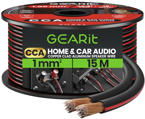 GEARit 18 Gauge Speaker Cable 15m, Flexible 2x1mm² Speaker Wire with Polarity Markings, 18AWG CCA Audio Cable for In-Wall Home Cinema, Car Audio Stereo, HiFi Surround Sound (Black)