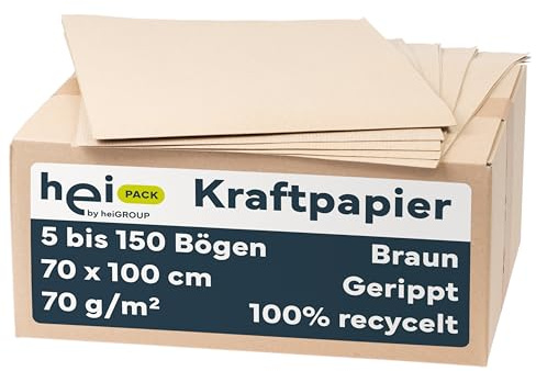 HeiPack - Kraftpapier 70 x 100 cm, 70 g/m² – 10 Blatt, DIN Format, Verpackungsmaterial, Packpapier, Bastelpapier braun, gerippt, 100% recycelt, Geschenkpapier natur, ideales Verpackungspapier