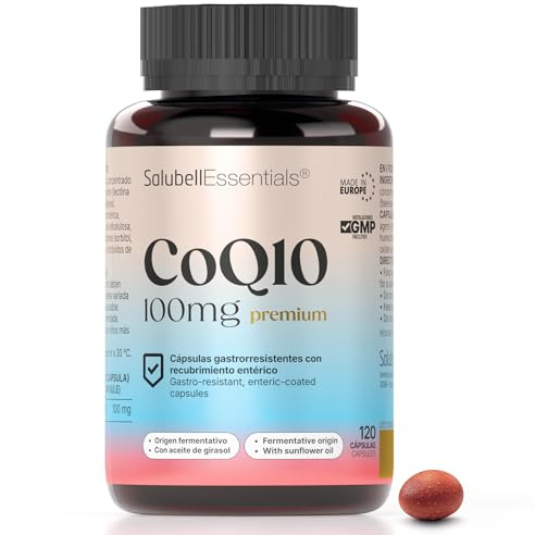 SALUBELL ESSENTIALS CoQ10 100 mg PREMIUM, 120 cápsulas, Coenzima Q10 (CoQ10) 100 mg, Origen Fermentativo Natural, Absorción Optimizada, Tolerancia Gastrointestinal, Sin Lactosa