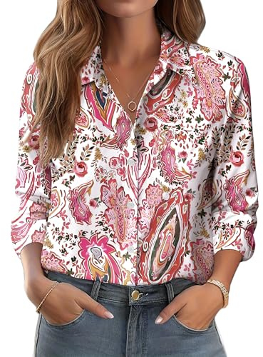Zeagoo Camicia Donna Lunga Elegante Blusa Manica con Motivo Floreale Camicie Primaverile Estiva Collo Alto Button-Down Camicie Senza Stiro Business Basic Top Stampa Floreale M
