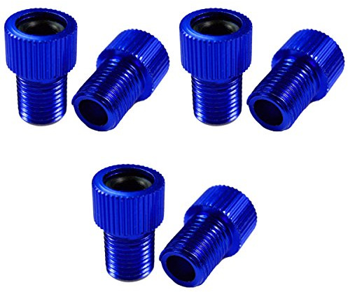 6 x cykel Color alu ventiladapter BLAU – DV SV Dunlop / fransk ventil på bilventil AV – med tätningsring