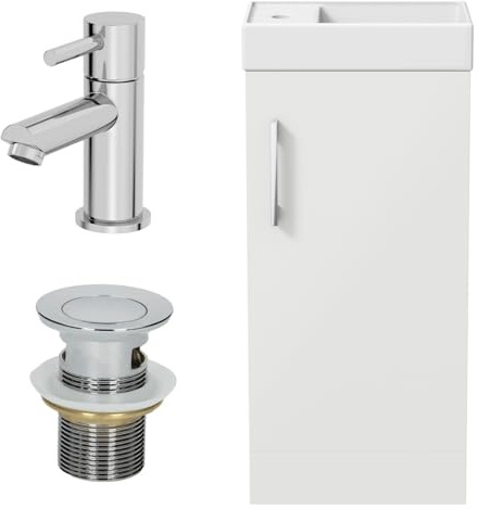 AURORA® 400mm Bathroom Vanity Unit Ceramic Wash Sink Floorstanding Storage Cabinet Reversible Soft Close Cupboard & Malmo Basin Mixer Tap & Waste Set, White Gloss