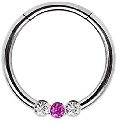 Piercing Smooth Segment Ring, Clicker mit DREI Steinen klar-pink in 1,2 x 8 mm