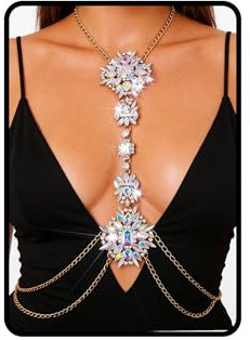 ELABEST Boho Rhinestone Statement Chest Chain Crystal Necklace Body Chain Summer Beach Body Jewelry Accessories for Women (AB Colorful)