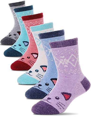 PROETRADE Calcetines Niños Niñas, Calcetines de Lana Cálidos, de Senderismo, Deportivos, Gruesos, Térmicos, de Invierno, de Navidad, Regalos, 6 Pares (Copos de Nieve con Gato, 1-3 Anni)