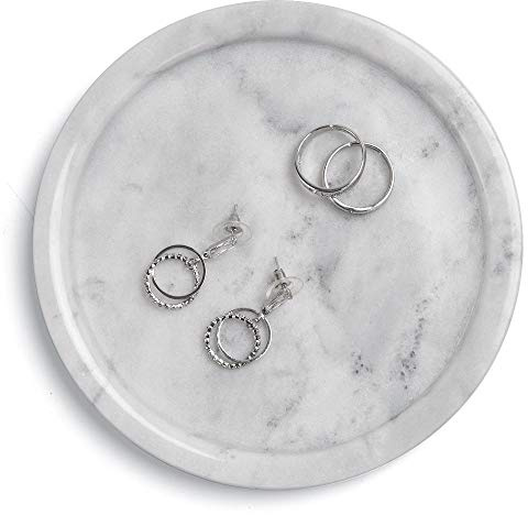 Vassoio decorativo in marmo naturale, piatti rotondi, per gioielli, anelli, bracciali, piatti per banconi, vanità, comò, comodino o scrivania, circolare (piccolo, diametro 14 cm, grigio)
