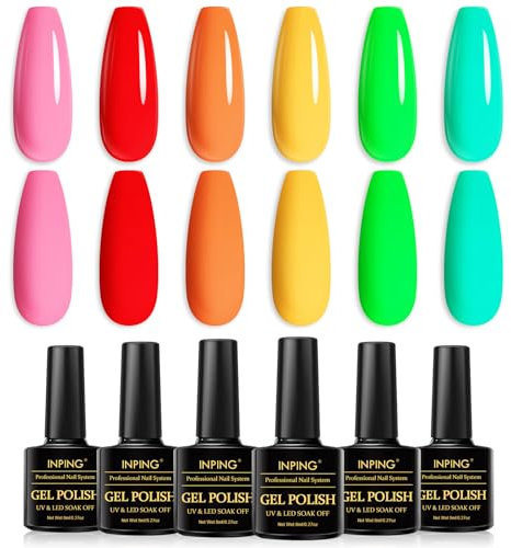 INPING Neon Gel Nail Polish, 6 Colors Bright Rainbow Blue Pink Yellow Green Teal Orange Vibrant Summer Autumn Nail Varnish Set Soak Off UV LED for Halloween Home DIY Nail Art Design Manicure Salon
