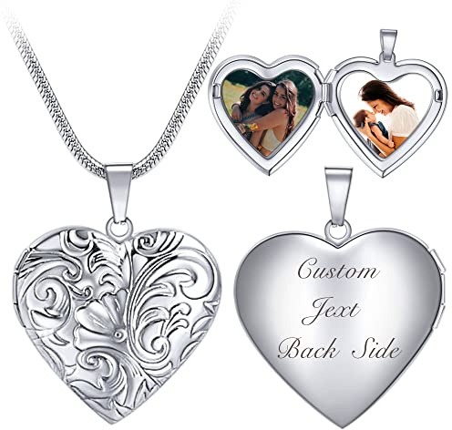 Farfume Personalised Picture Locket Necklace, Engraved Text Custom Heart Locket Necklaces that Hold 2 Pictures Vintage Memory Floating Lockets for Girls（Daisy-Silver）