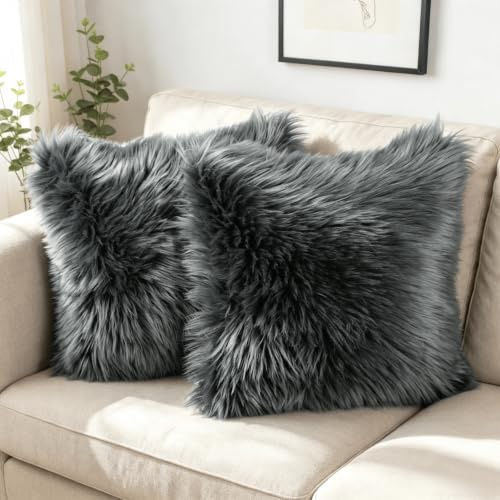 OYIMUA 2 Pcs Weicher Zierkissenbezüge Deko Kissen Schaffell Lammfell Kunstfell Langhaar Zierkissen Kissenbezug Fellimitat Sofakissen Cuddly Kissen (Anthrazit, 50 x 50 cm)