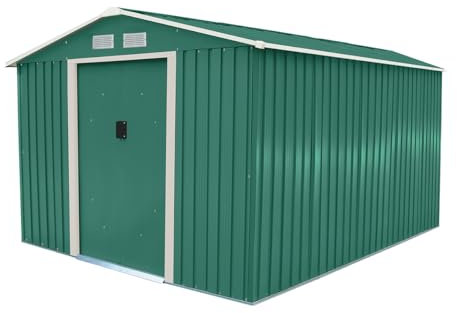 CHARLES BENTLEY Garden Shed, Dark Green, Metal, Garden, Storage Shed, Zinc, Floor, Frame, Sliding Doors, Ventilation, Lockable Door, Foundation Frame Included, Store, Tools, Garden Storage (8ftx10ft)