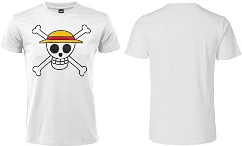 One Piece T-Shirt Strohhut Offizielles Totenkopf-Logo. Kurze Ärmel. 100% Baumwolle. Unisex. Größen von Erwachsenen bis Jungen. (Weiß, XXL)