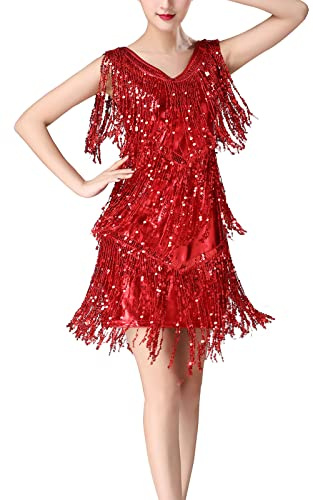 SEAUR Vestido para mujer de danza latina, tango, danza del vientre con bufanda de cadera y falda con flecos para cha cha, baile de salón, fiesta o club, rosso, XL